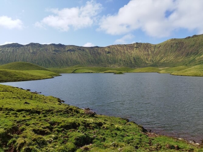 lake inside volcano crater corvo island